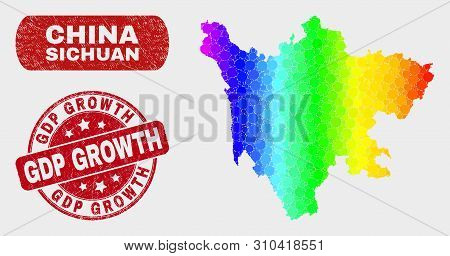 Spectral Dotted Sichuan Province Map And Seal Stamps. Red Round Gdp Growth Grunge Seal Stamp. Gradie