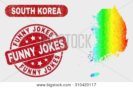Spectral Dot South Korea Map And Seals. Red Rounded Funny Jokes Distress Seal Stamp. Gradiented Spec