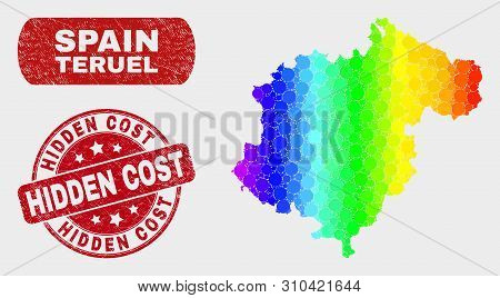 Rainbow Colored Dotted Teruel Province Map And Seal Stamps. Red Rounded Hidden Cost Distress Seal. G