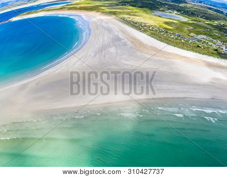 Aerial View Of The Awarded Narin Beach By Portnoo And Inishkeel Island In County Donegal, Ireland