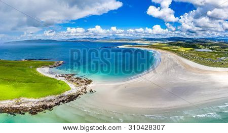 Aerial View Of The Awarded Narin Beach By Portnoo And Inishkeel Island In County Donegal, Ireland