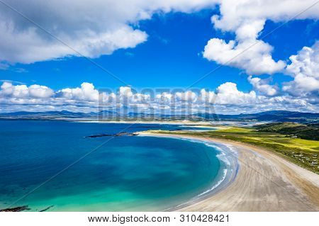 Aerial View Of The Awarded Narin Beach By Portnoo And Inishkeel Island In County Donegal, Ireland