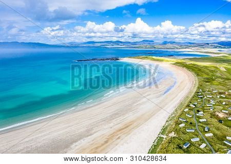 Aerial View Of The Awarded Narin Beach By Portnoo And Inishkeel Island In County Donegal, Ireland