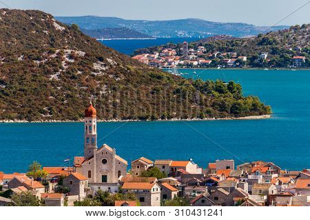 Betina And Tisno Village In Croatia, Dalmatia. Murter Island. View From City Of Murter.