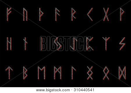 Set Of Ancient Norse Runes. Runic Alphabet, Futhark. Ancient Occult Symbols. Illustration. Old Germa