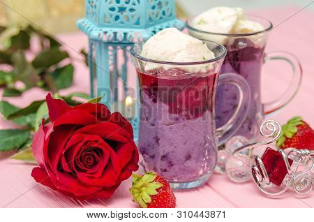 Mahalabia - Traditional Middle Eastern Dessert. Creamy Dessert With Berries And Yogurt Cream. Arabic