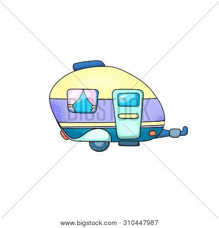 Caravan Trailer With Door And Window. Travel Vehicle Vector Illustration On White Background. Camper