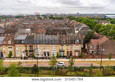 aerial view of Liverpool house around Anfield road and stadium in Liverpool England UK
