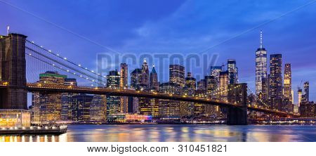 Panorama Brooklyn bridge with Lower Manhattan skyscrapers bulding for New York City in New York State NY , USA