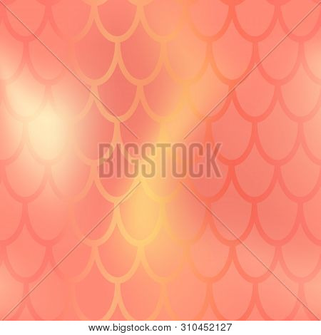 Mermaid Or Fish Scale Seamless Pattern. Red Yellow Mermaid Skin Vector Background. Marine Pattern Ti