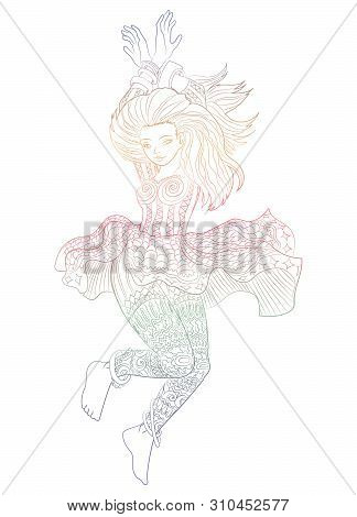 Beautifull Dancing Girl In A Patterned Dress. High Detailed Bright Illustration For Modern Print Des