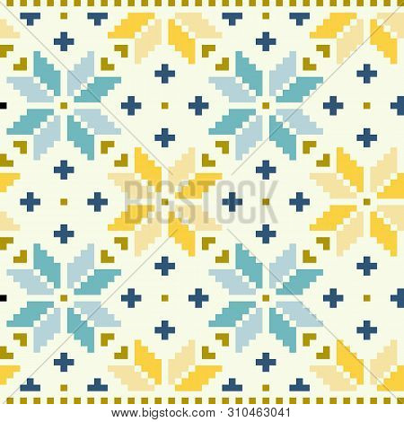 Ethnic Ornaments Pattern. Repeat Pattern Of Yellow And Blue Colors.