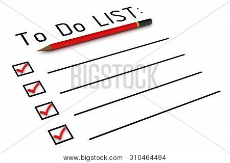 To Do List. Red Pencil And Blank The To Do List With Red Marks. Isolated. 3d Illustration