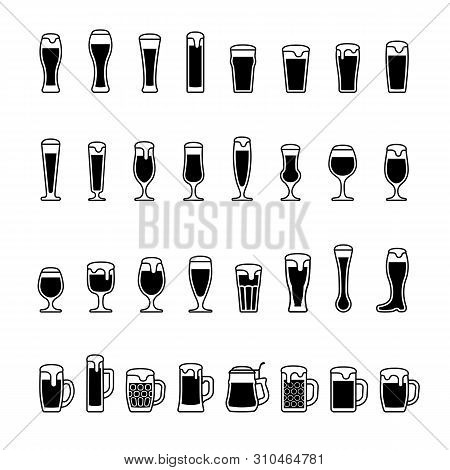 Beer With Foam In Glasses, Black And White Icons. Vector