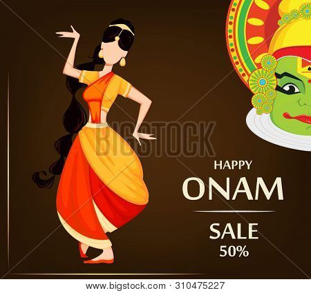 Happy Onam Festival In Kerala. Indian Woman Dancing In Traditional Clothes. Vector Illustration For 