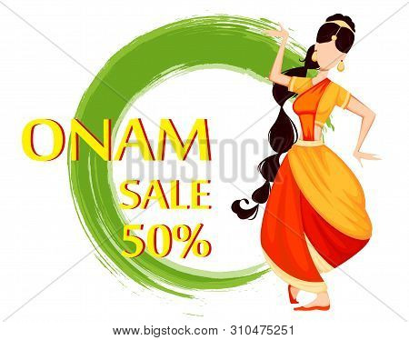 Happy Onam Festival In Kerala. Beautiful Indian Woman Dancing In Traditional Clothes. Vector Illustr