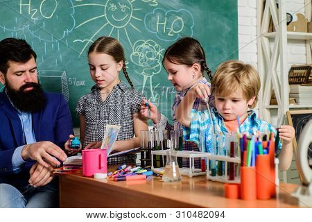 Students Doing Science Experiments With Microscope In Lab. School Kids Scientist Studying Science. H