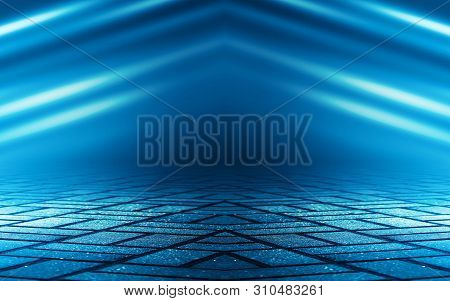 Empty Background Scene. Dark Street Reflection On Wet Asphalt. Rays Of Neon Light In The Dark, Neon