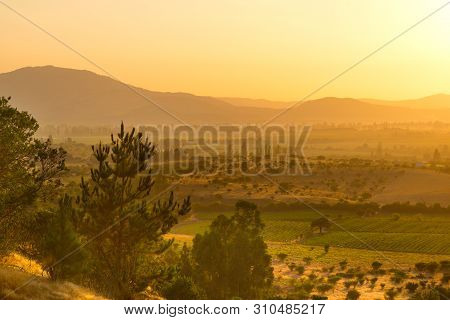 Dawn In The Crop Fields And Farms At Region Del Maule In Central Chile