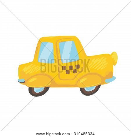 Cute Cartoon Yellow Taxi Car. Taxi Vector Illustration On White Background. Public Transport Texture