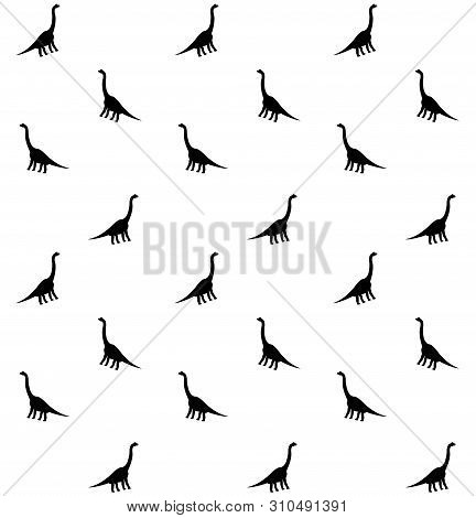 Vector Seamless Pattern Of Black Silhouette Of Brachiosaurus Isolated On White Background