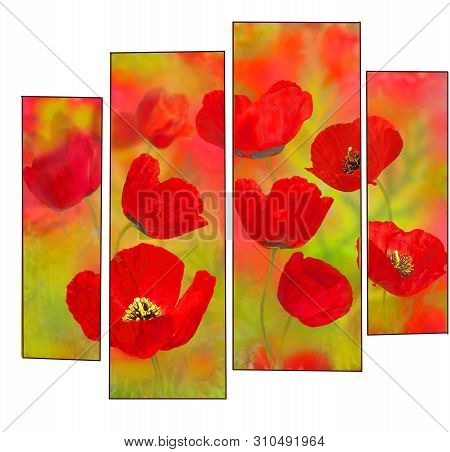 Bright Red Flowers Filled The Spring Wallpaper Background On The Wall.modular Arrangement Of Colors 