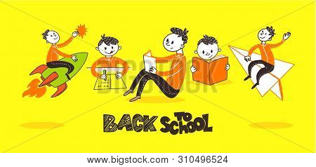 Teenager School Boys Set With Education Symvols Airplane, Rocket, Book, Notebook. Front, Rear View, 