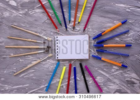 Beautiful Stationery Items For Children. Childrens Creativity. Notebook With Pencils.
