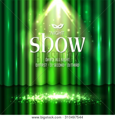 Theatrical Background With A Green Curtain And A Scene. Light On A Floor. Illustration.