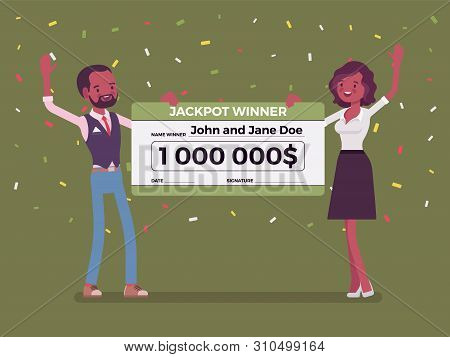 Winning Lottery Ticket, Happy Black Pair Holding Giant Check. Successful Couple Celebrating Chance E