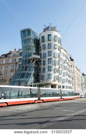 Prague, Czech Republic - September 19, 2018: Dancing House, Or Fred And Ginger, Built In 1996 On Ras