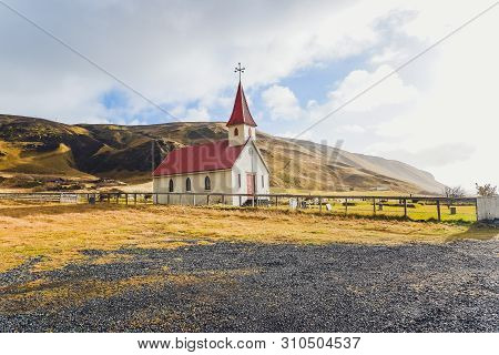 Colorful Rustic , Church On An Iceland Plain Near Glaumbaer, Iceland.