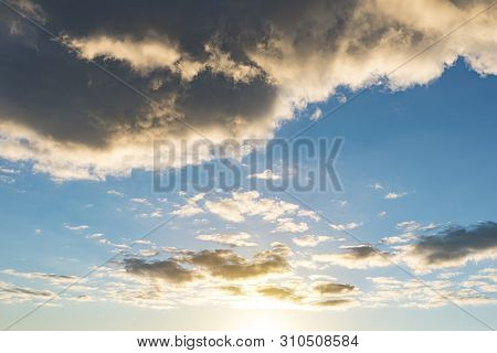 After Rainstorm, Rays Of Lights, Dark Clouds, Heavy Rain, Bad Weather. Beautiful Sunlight Passing Th