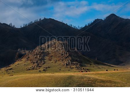 Russia. Mountain Altai. The Surrounding Mountains Regional Center Onguday Along Tchuisky Highway.