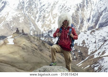 Hiker With Traditional Papakha Fur Hat At Mtskheta-mtianeti Region In Georgia