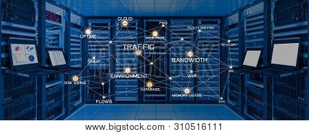 Network Monitoring Concept, Connection Monitoring Services Icon On Data Center Room