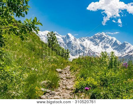 Idyllic Landscape With Blue Sky, Pathway Among Green Grassland And Snowcapped Mountain Top. Svanetia