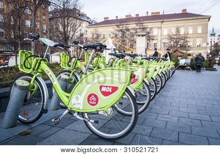 Budapest, Hungary. December 16, 2017. Bubi Moll Rent A Bike Station In Front Of The Famous Budapest 
