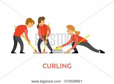 People Playing Curling Using Special Bats And Stone Vector, Man And Woman Opponents Isolated. Team O