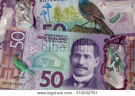 Close-up of New Zealand fifty dollar banknotes