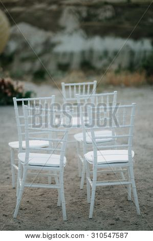 Outdoor Wedding Ceremony In Cappadocia, Turkey. Decorations For A Wedding Ceremony In Cappadocia