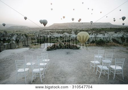 Outdoor Wedding Ceremony In Cappadocia, Turkey. Decorations For A Wedding Ceremony In Cappadocia