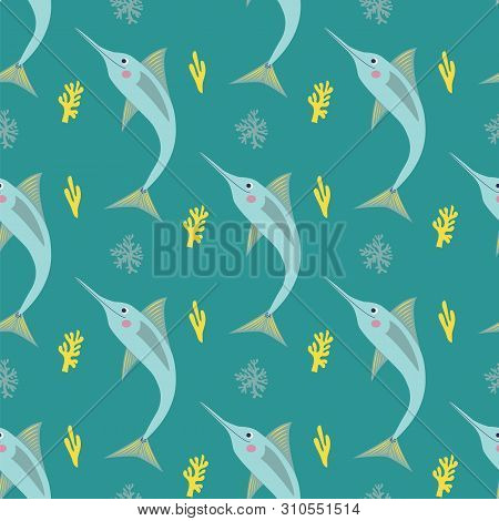 Seamless Pattern Of Playful Jumping Swordfish In The Ocean Surrounded By Bright Corals On A Blue Bac
