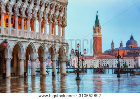 Piazza San Marco at dusk, view on san giorgio maggiore, Vinice, Italy