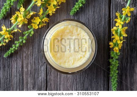 A Jar Of Homemade Ointment Made From Shea Butter And Fresh Agrimony Flowers, Top View
