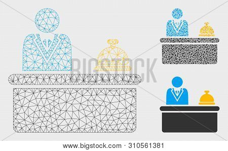 Mesh Lobby Desk Model With Triangle Mosaic Icon. Wire Carcass Triangular Mesh Of Lobby Desk. Vector 