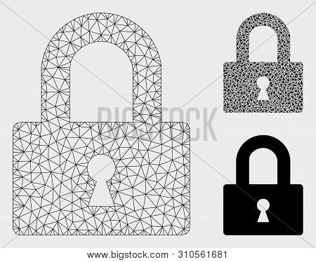 Mesh Lock Model With Triangle Mosaic Icon. Wire Frame Triangular Mesh Of Lock. Vector Mosaic Of Tria