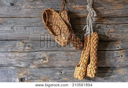 Old Bast Shoes. Lapti From Birch Bark. Vintage Russian National Shoes.