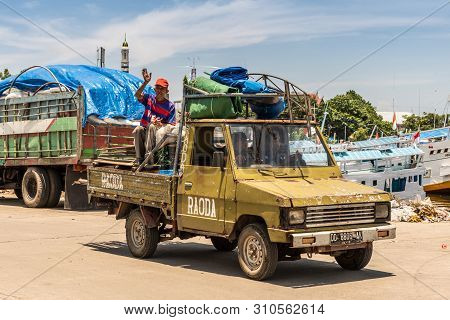 Makassar, Sulawesi, Indonesia - February 28, 2019: Paotere Old Port. Closeup Of Old Damaged Pickup T