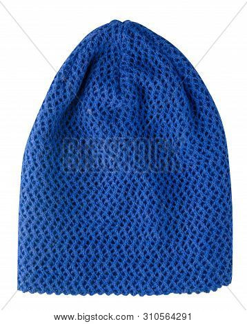 Womens Blue  Hat Top Frong View . Knitted Hat Isolated On White Background.